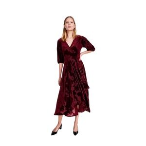Calvin Klein Velvet Burnout Floral A-Line Midi Dress Burgundy Sz 14W NWT Lined